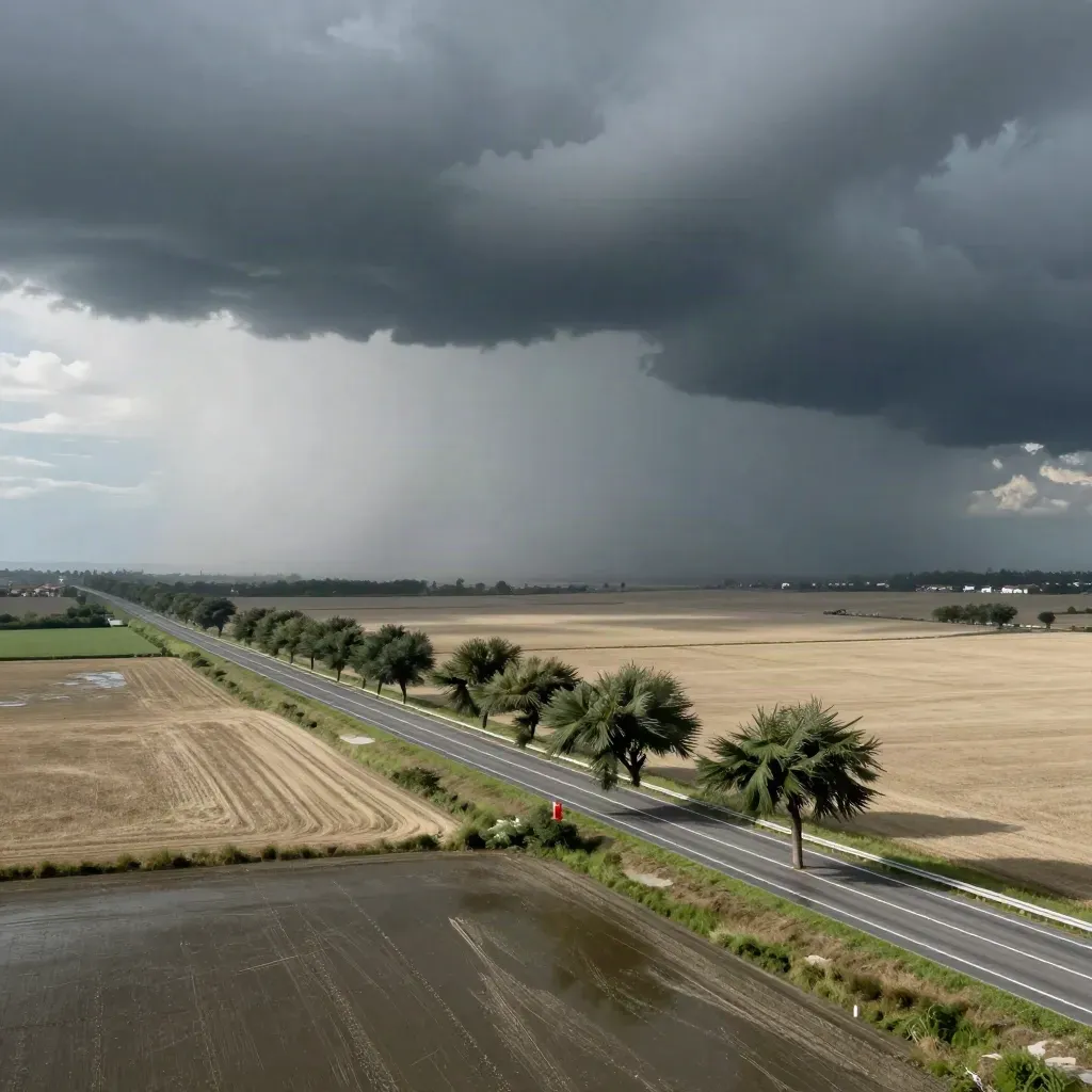 Temporale scuro sulla pianura nord, cavalcavia isolato e alberi piegati dal vento.