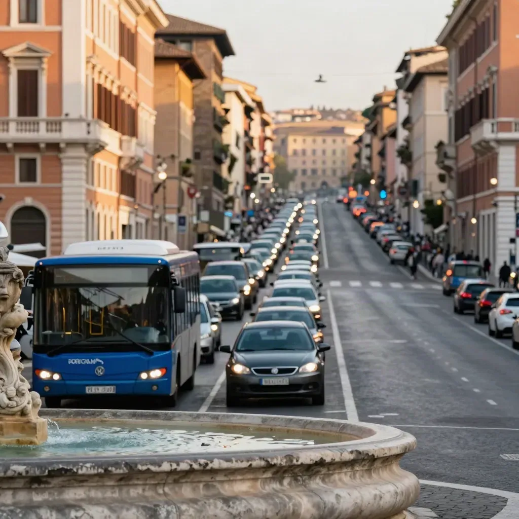 Viale romano trafficato al tramonto con autobus, facciate ocra e fontana in primo piano.