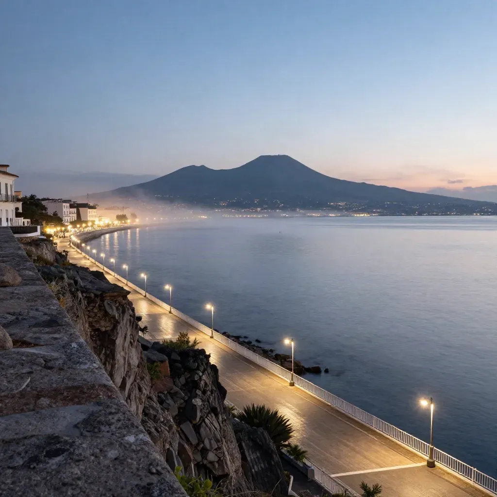 Napoli al tramonto con il Vesuvio in silhouette e il lungomare illuminato.