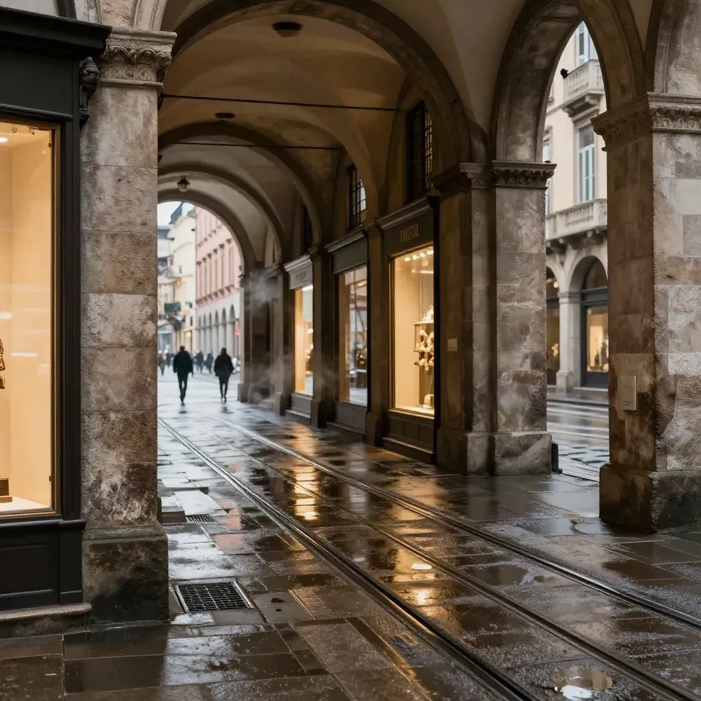 Arcate di Torino bagnate di notte con binari del tram e riflessi caldi