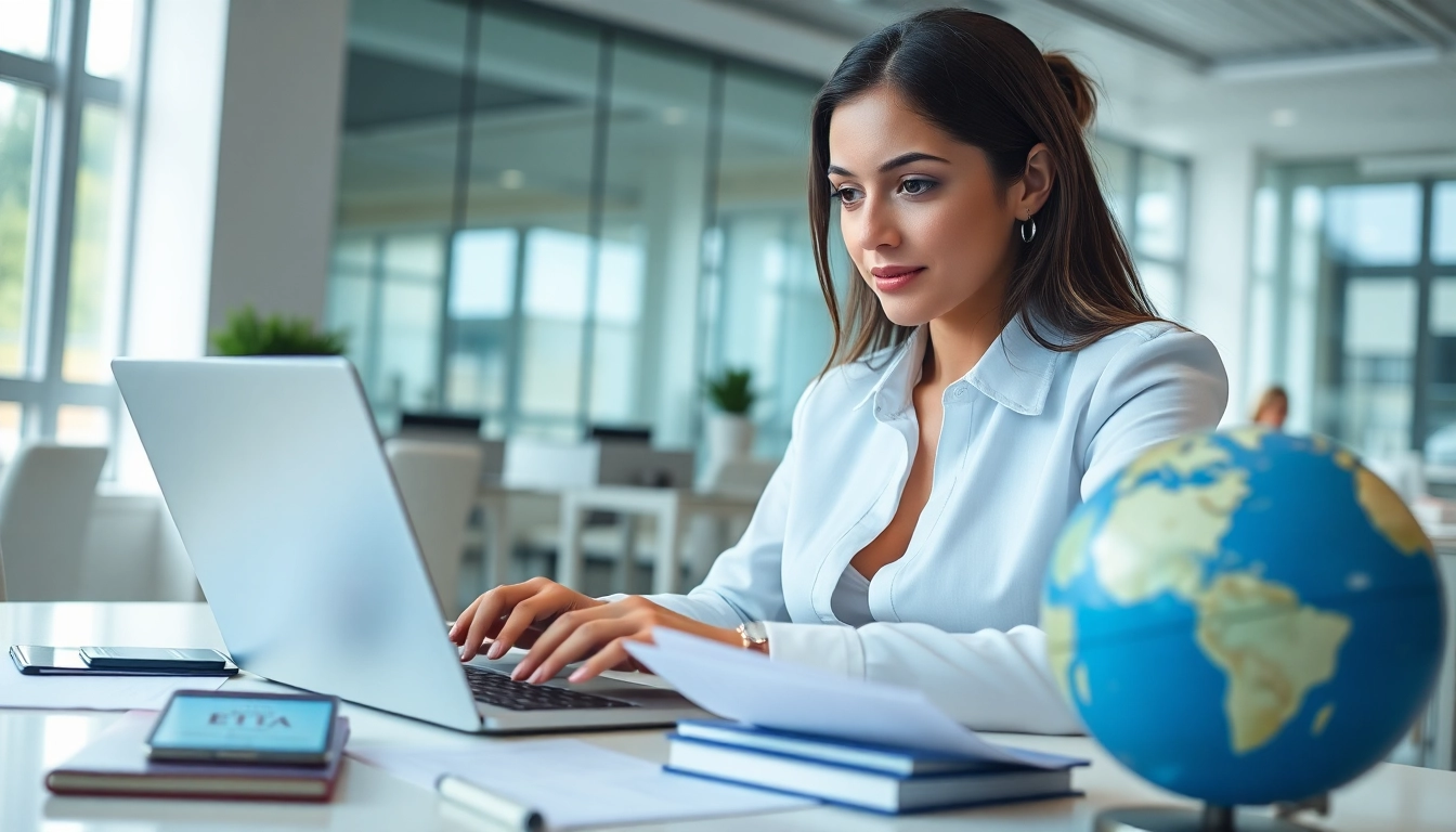 Completing an eta application uk online in a bright office setting.