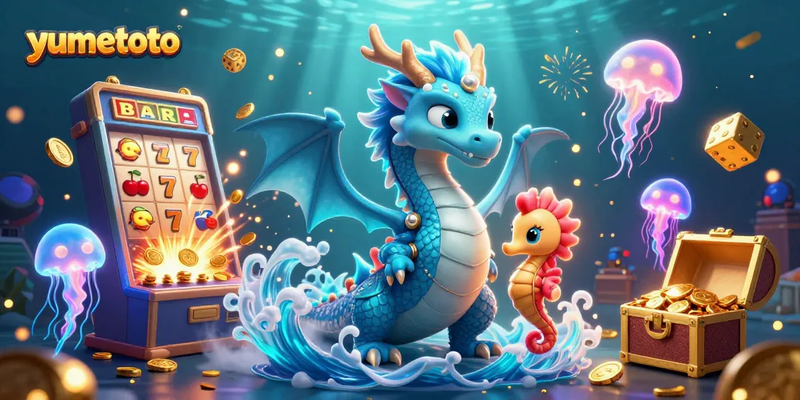 Experience yumetoto's thrilling lottery action with slot machines, dice, and vibrant characters in a captivating underwater scene.
