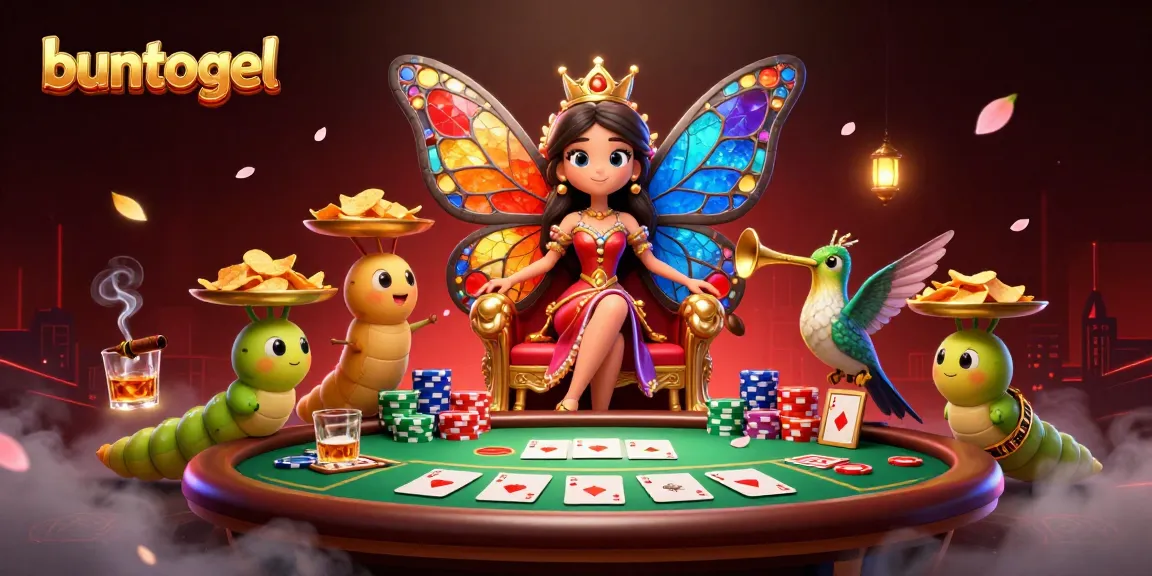 Buntogel showcases a dynamic casino scene with a butterfly queen and luxurious poker elements.