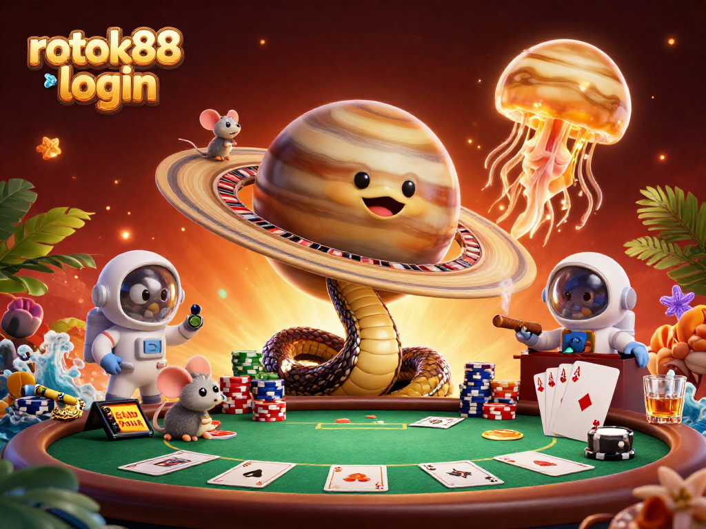 Experience immersive gaming with rokok88 login in a vibrant space casino scene.