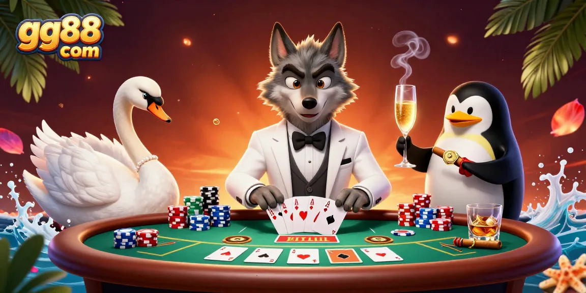Engage with exciting games at gg88 com, featuring a lively casino scene with a wolf, swan, and penguin.