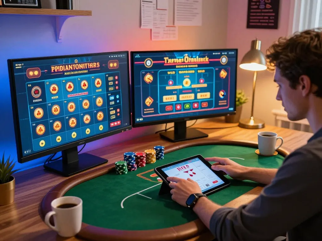 Player strategizing poker gameplay on tablet at home, engaging with sunwingo.