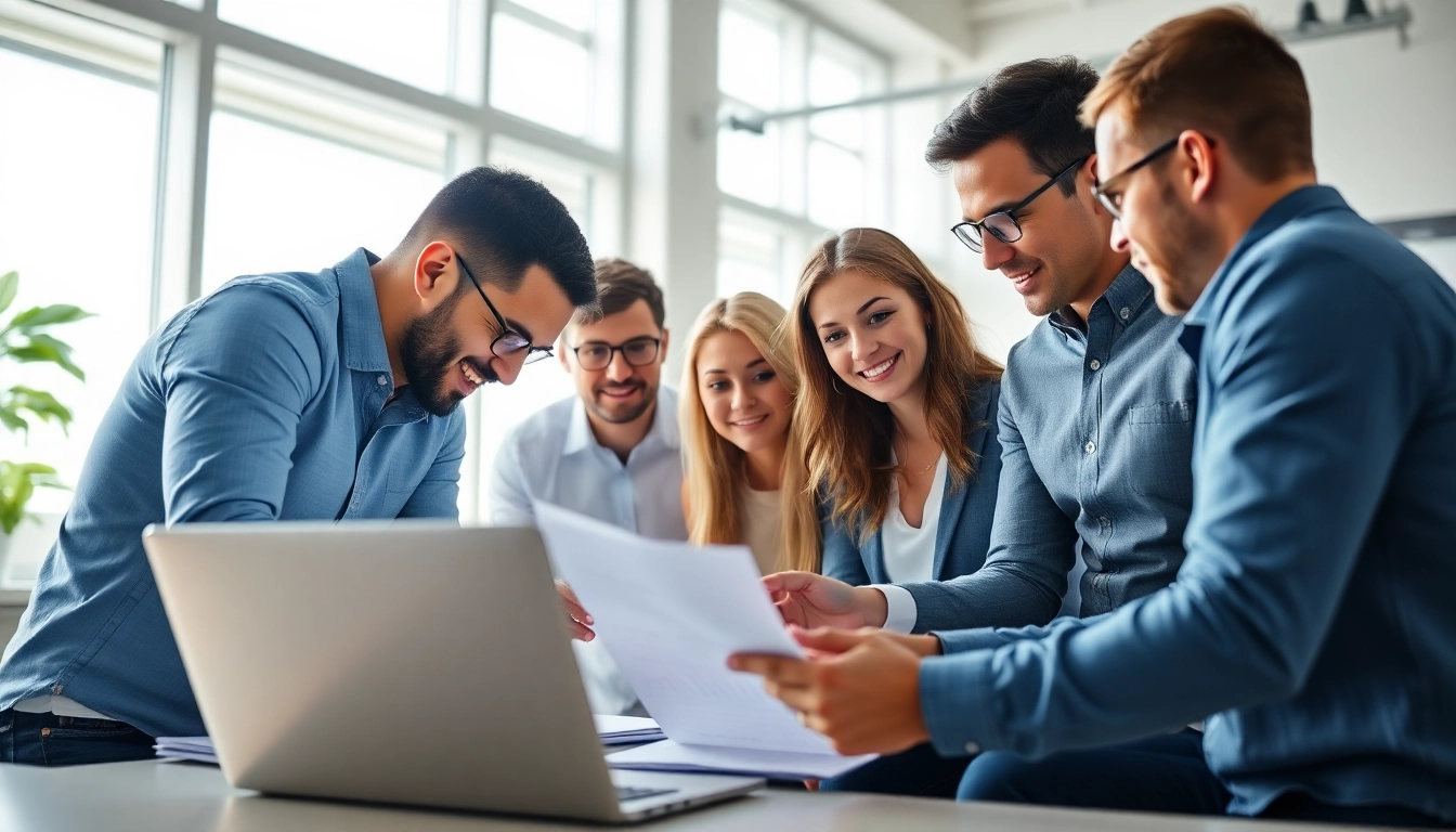 Marketing Agency team brainstorming innovative strategies in a modern, bright office