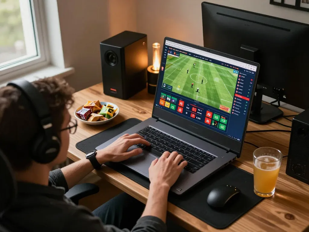 Player engaging with the nhà cái go8 sports betting app on a laptop, showcasing Bundesliga odds.