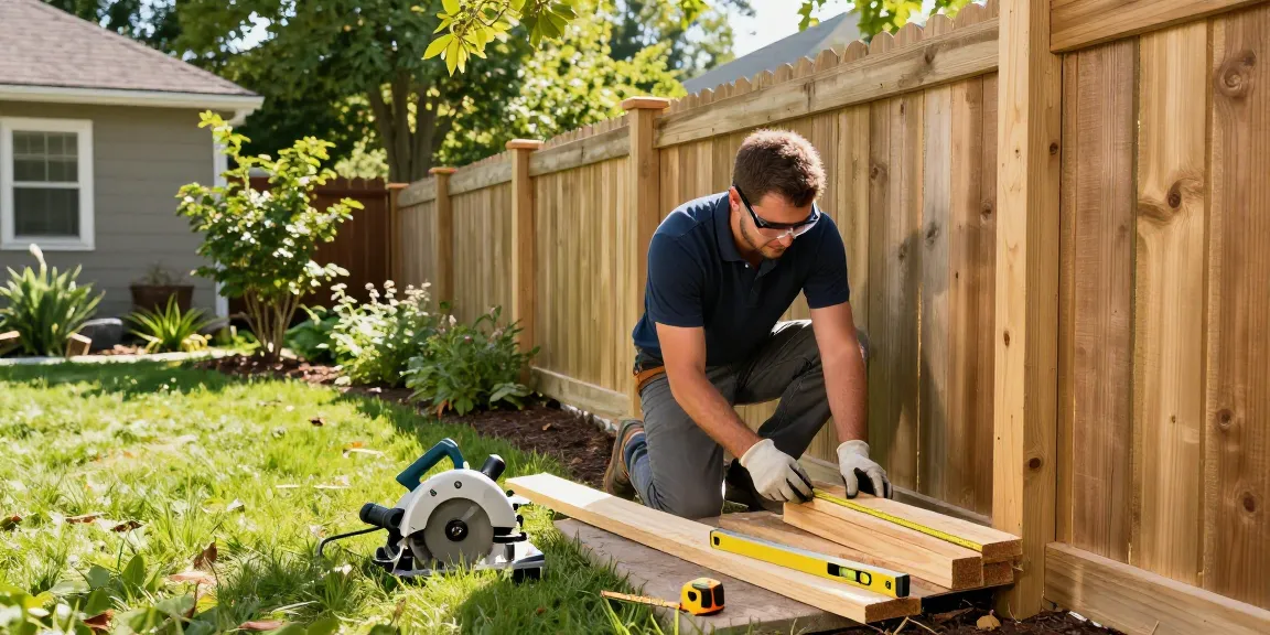 We fix fences and build fences, showcasing a professional tradesman constructing a wooden fence in a bright backyard.