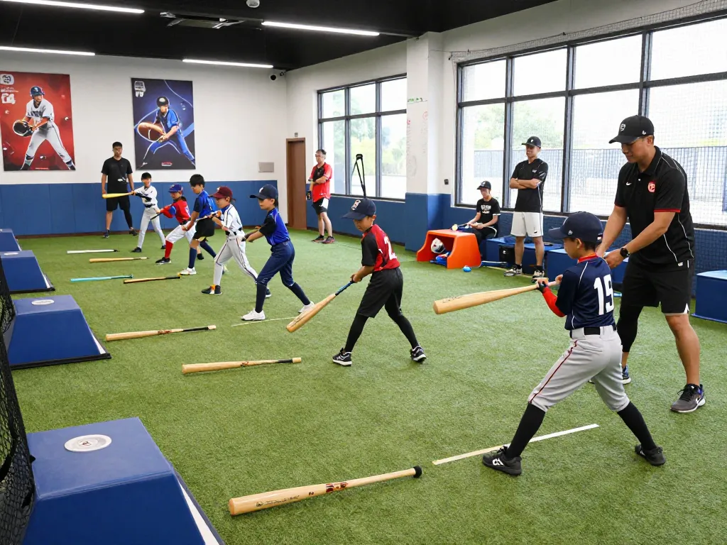Hitclub baseball training session with young athletes practicing batting in a modern facility.