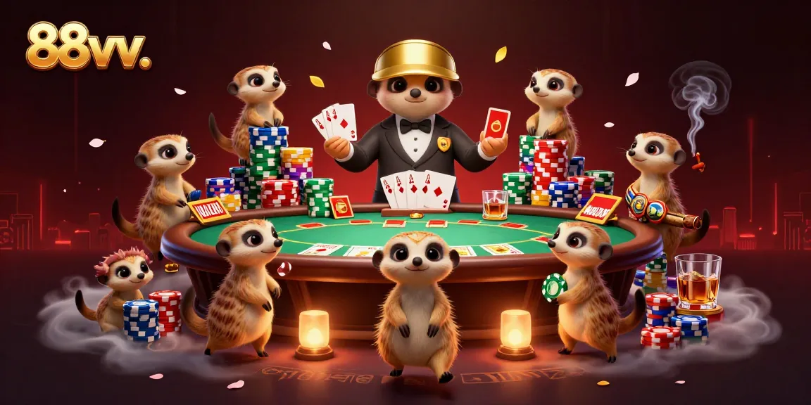 Experience thrilling gaming action at 88vv. with meerkats managing a vibrant casino atmosphere.