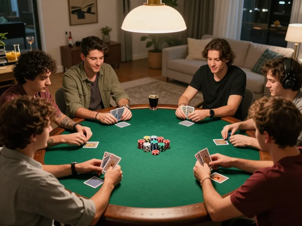 Players enjoying poker at home, featuring OPEN88 COM gaming atmosphere with chips and cards visible.