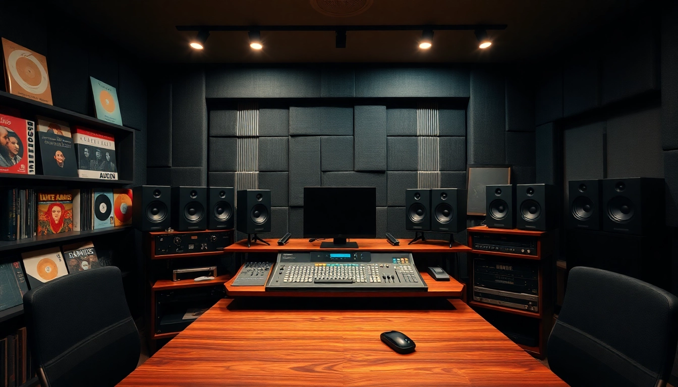 Online audio mastering setup in a professional studio with advanced equipment and warm lighting.
