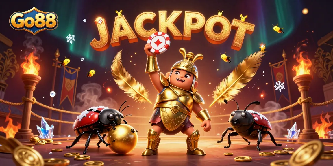 Go88 beetles celebrating a jackpot victory in a vibrant 3D casino scene with animated elements.