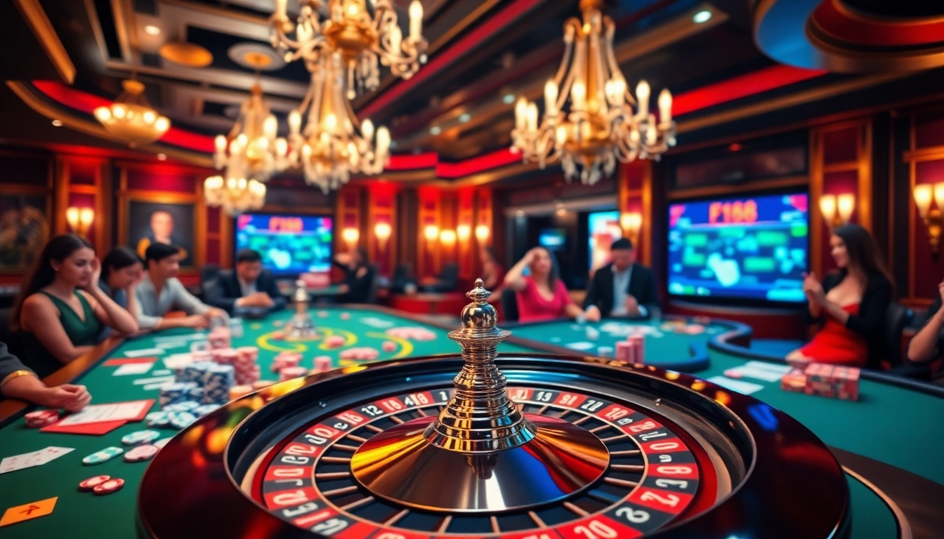 Players enjoying games at f168's vibrant casino, with cards and chips creating a thrilling atmosphere.