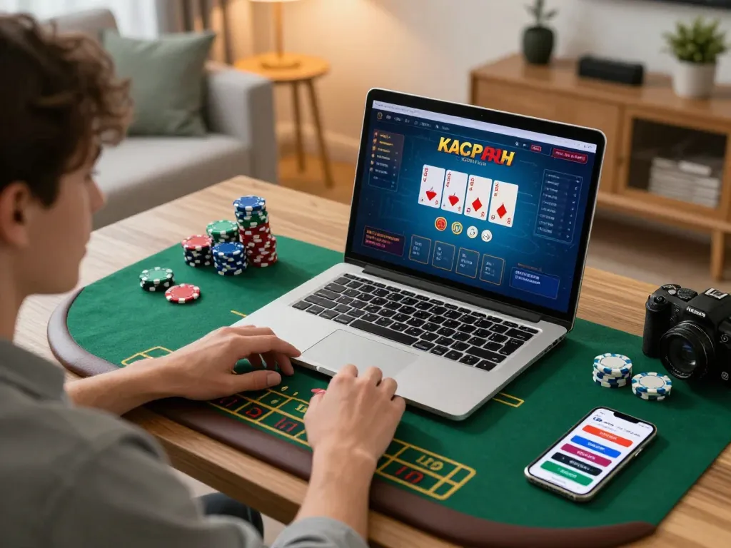 Engaged player enjoying online baccarat at trang chủ lc88 on a cozy laptop setup.