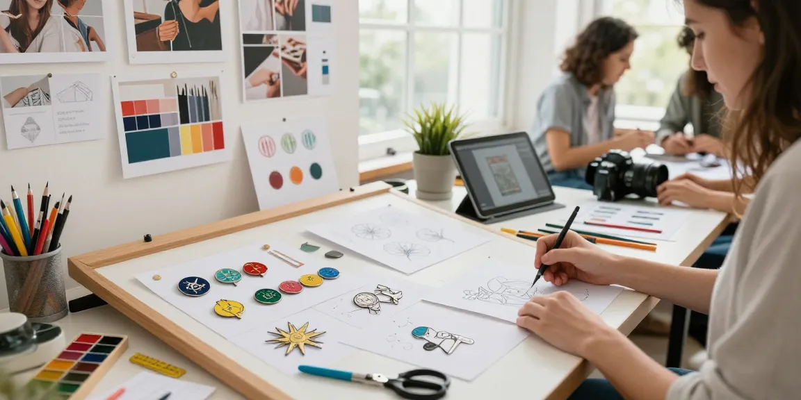Designer creating custom pins in a bright workspace with colorful samples, tools, and collaborative energy.