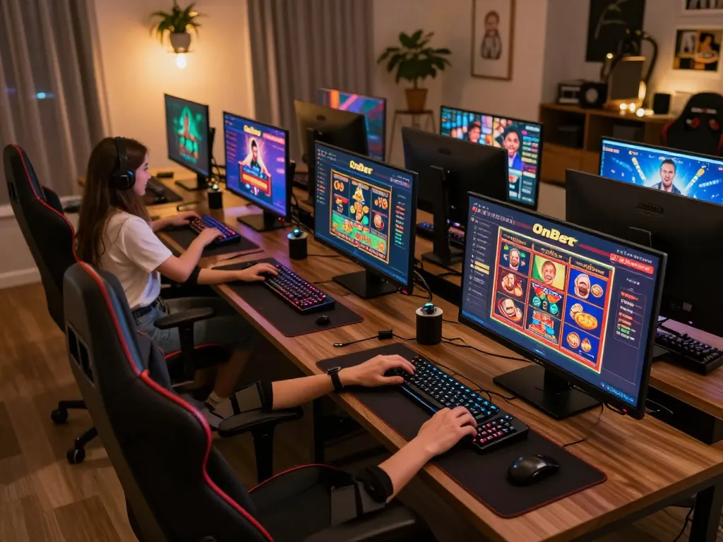 OnBet online gaming session with vibrant casino interface and cozy setup, showcasing dynamic gameplay