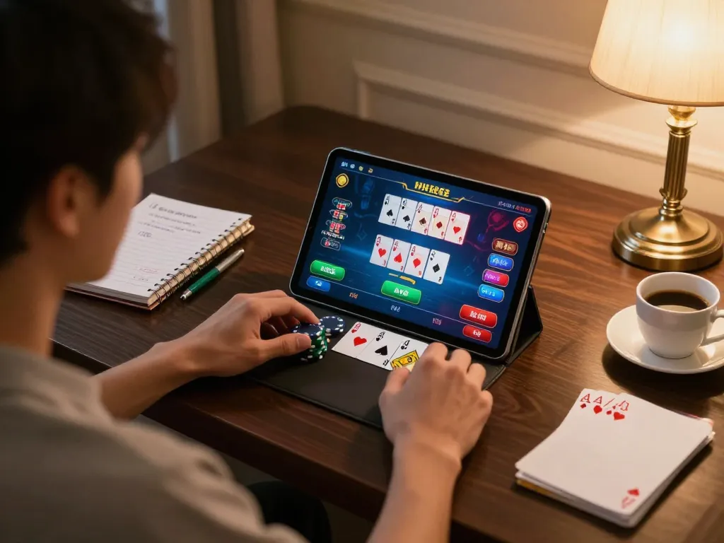 Engaged player using LC88 app on tablet for an online poker game, immersed in strategy with notes and coffee