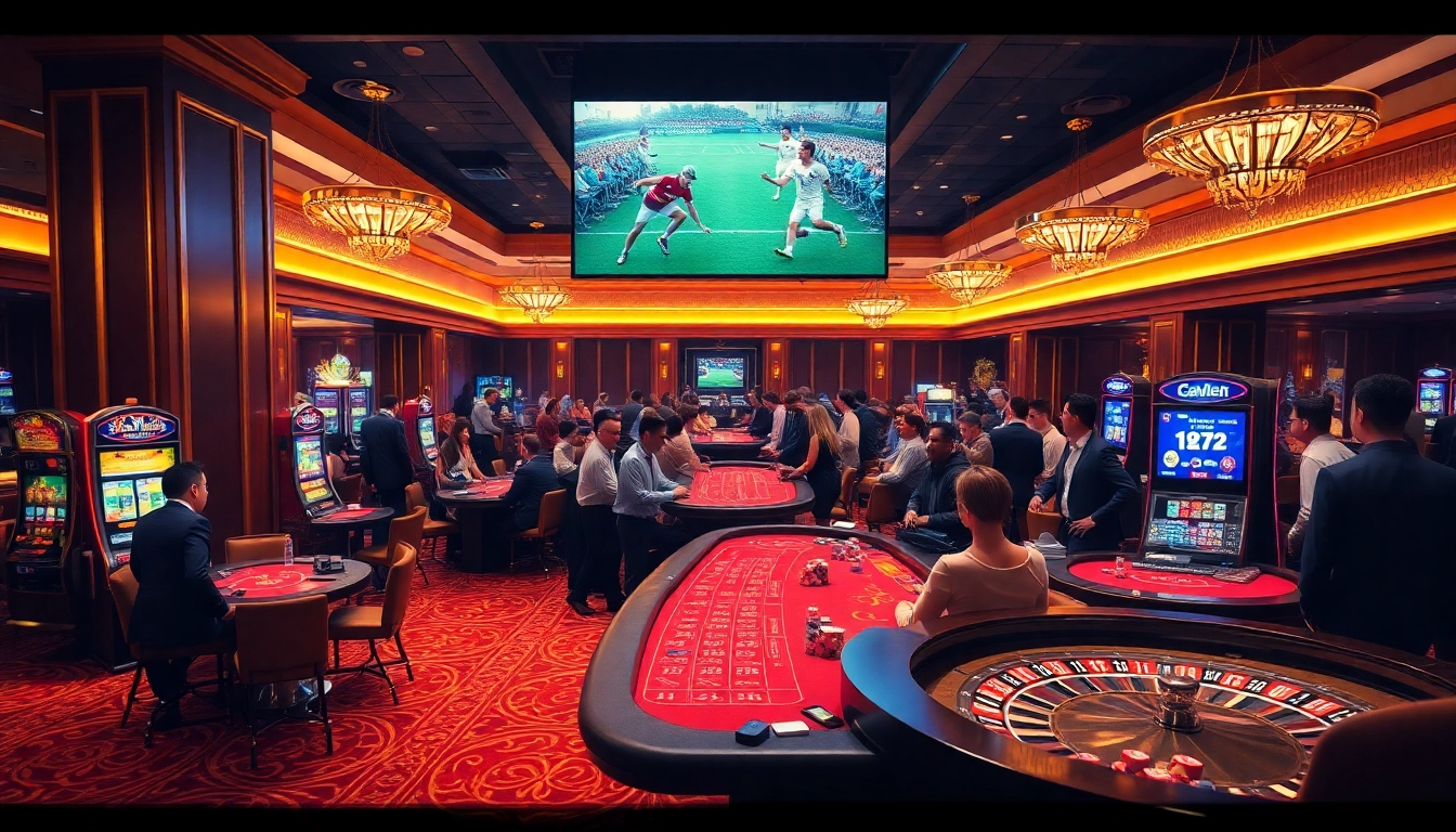 Xem bóng đá full hd displayed in a luxurious casino atmosphere with poker tables and slot machines.