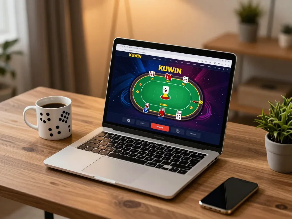 Kuwin gaming setup with a laptop displaying vibrant online poker game, cozy atmosphere.