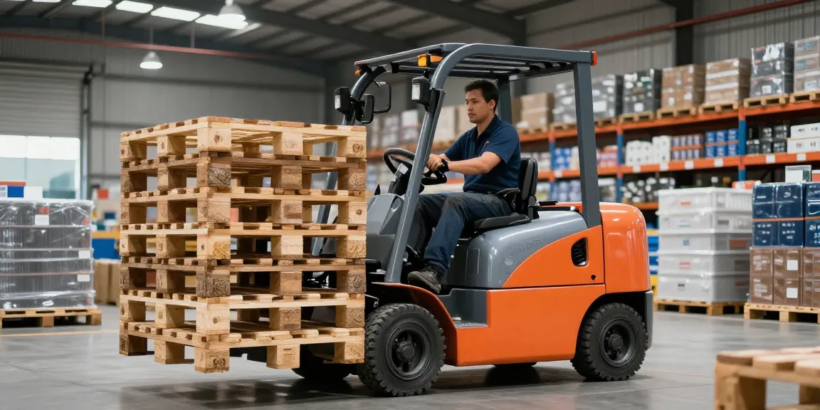 Electric loader stacking pallets in a busy warehouse setting demonstrating efficiency and advanced technology.