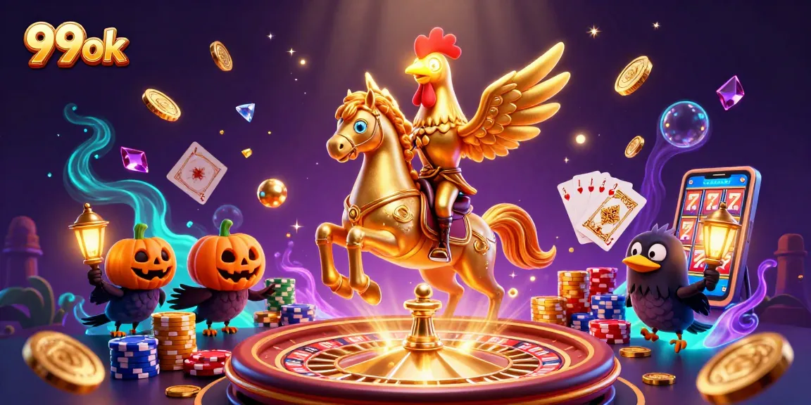 Enjoy thrilling gameplay with 99ok's vibrant casino scene, featuring golden rooster characters.
