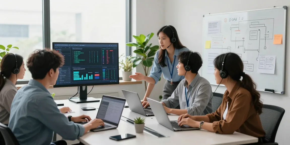 Team collaborating on business IT support services in a modern office setting with real-time data displays.