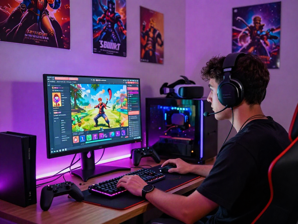 Interactive gaming scene showing a gamer enjoying porn games in a vibrant setup.