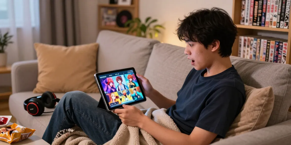 Engaged player enjoying a hentai game on a tablet in a cozy room atmosphere.