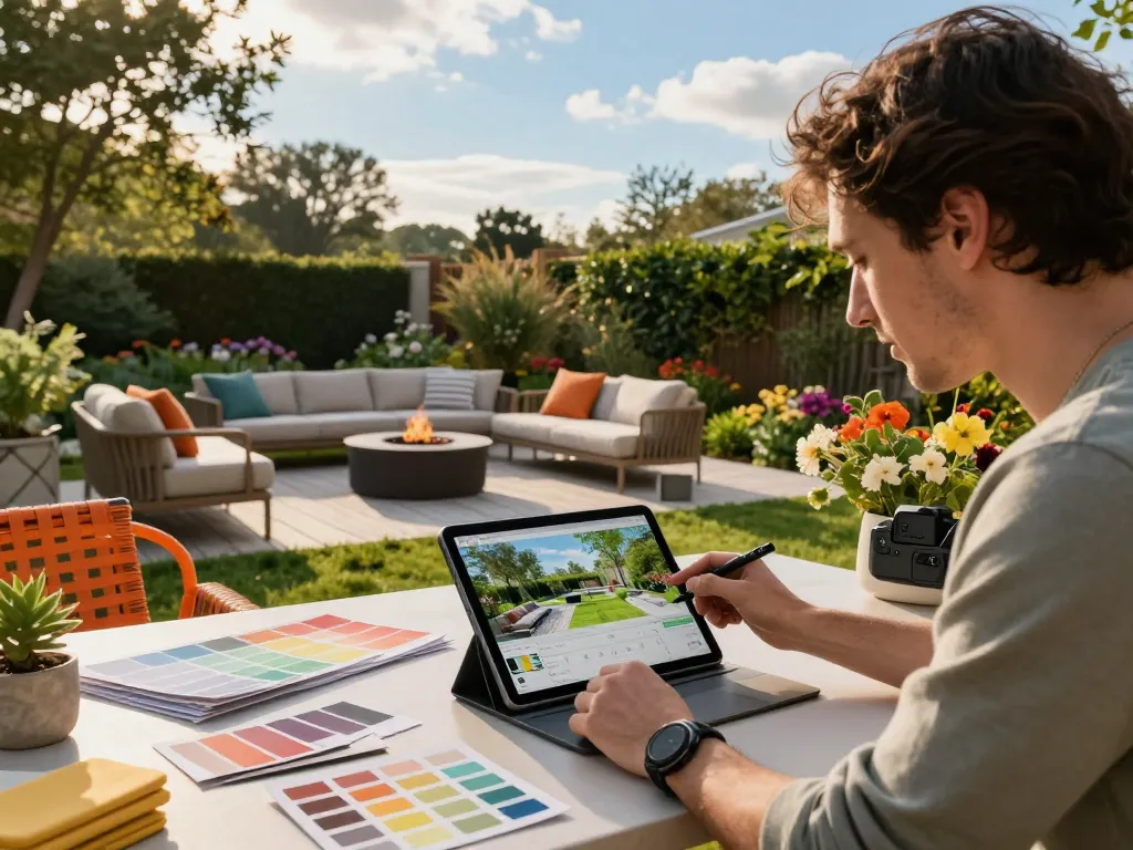 Designer using configuratore 3D outdoor in a vibrant garden