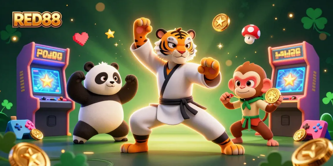 Experience the excitement of RED88 with a kung fu tiger master amidst vibrant casino elements.