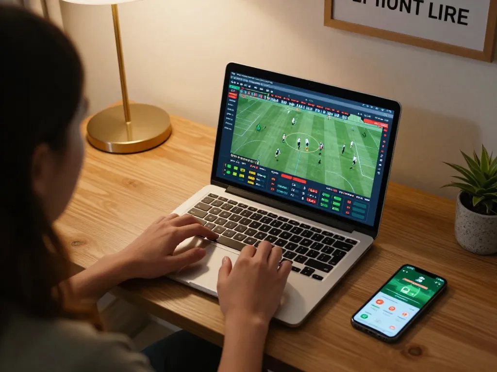 Engaging in live sports betting using https://nk88net.com/ app on a laptop at home, showcasing modern decor and strategic planning.