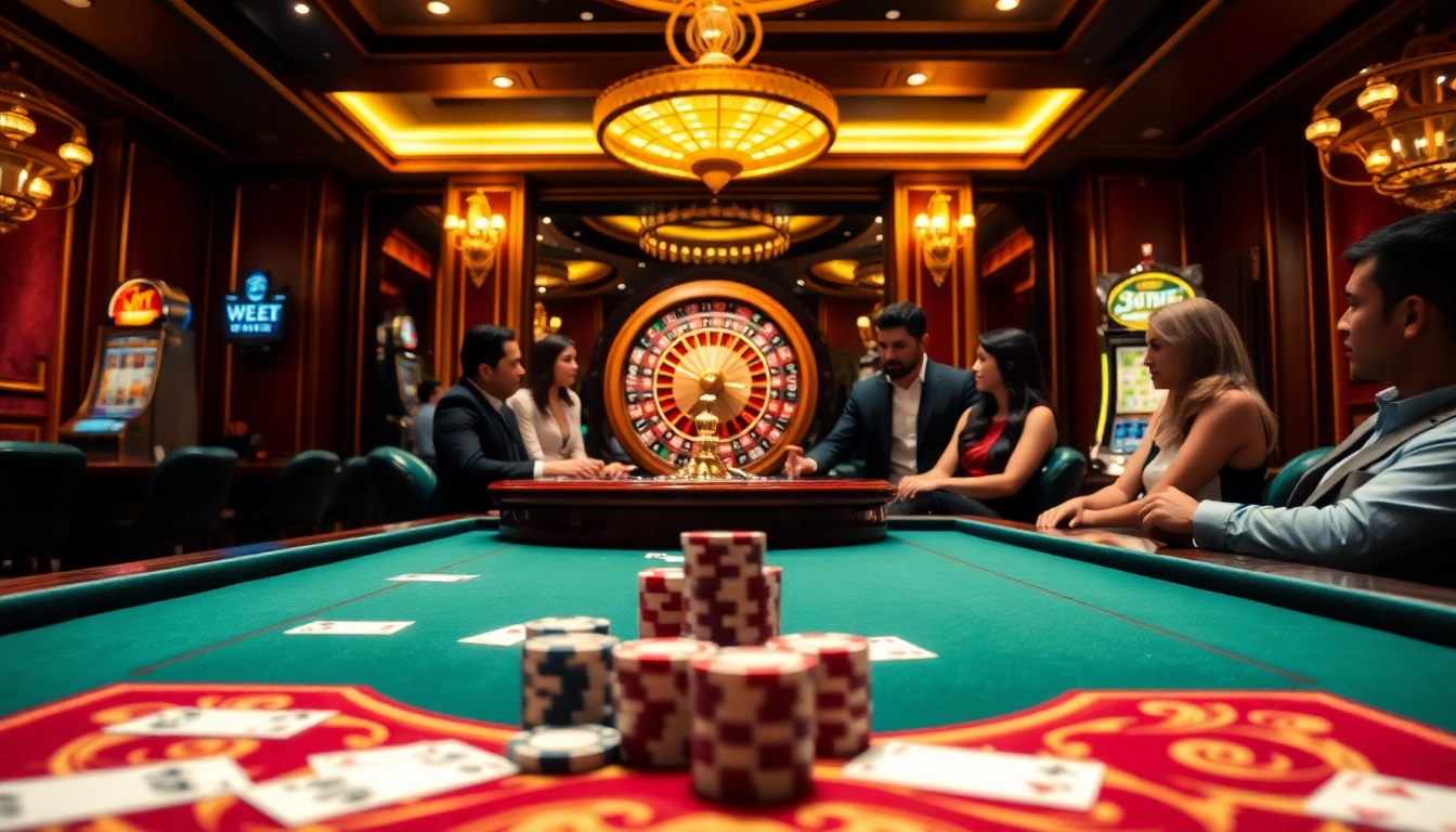 Exciting gameplay at a 39BET casino table with cards and chips, showcasing a luxurious atmosphere.