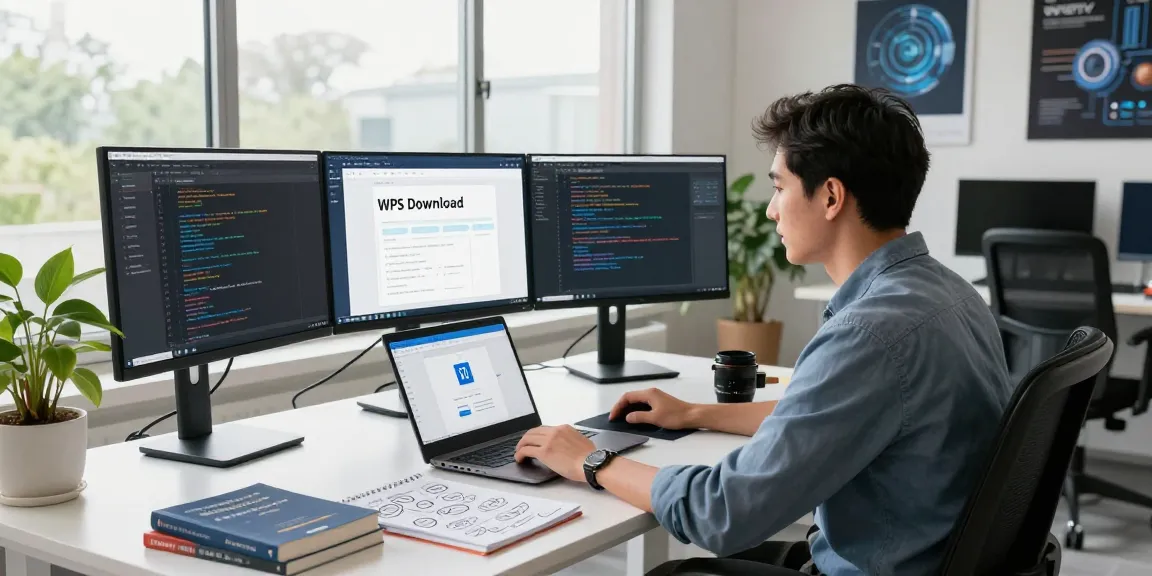 Developer focused on WPS Download on multiple monitors in a modern workspace