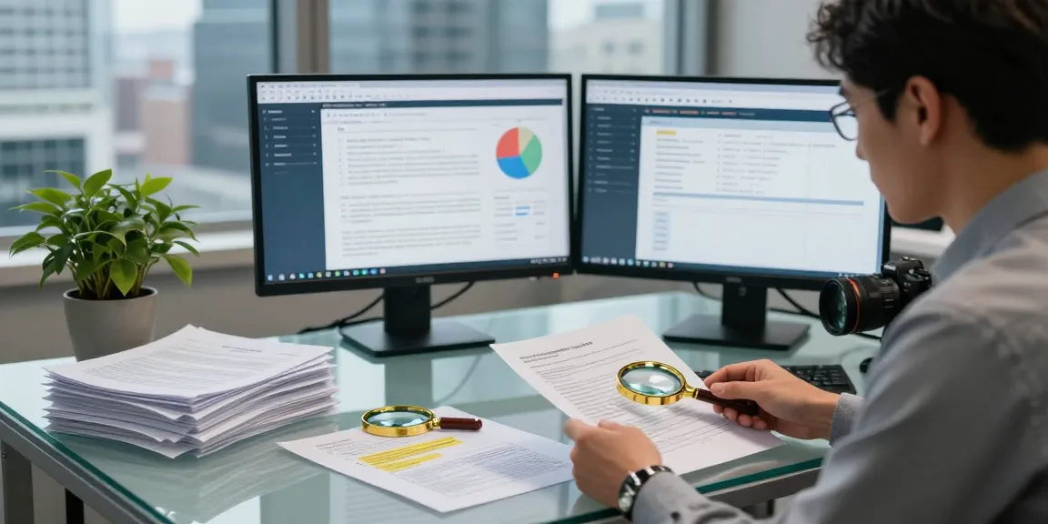 Document fraud detection analysis with data analyst reviewing suspicious documents and analytics in a modern office.