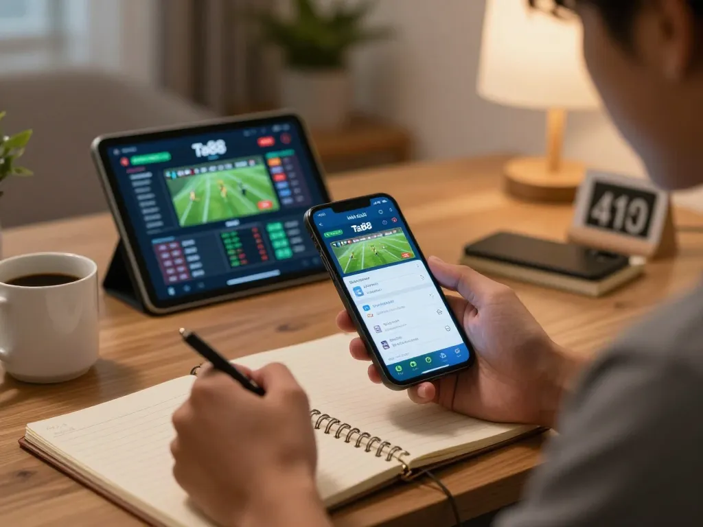 Engaging in live betting on Nhà cái Ta88 app during a home session with notes and coffee.