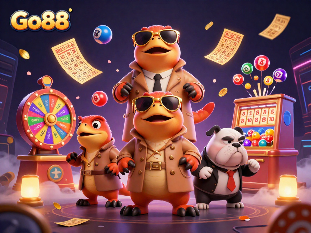 Engage with Go88's excitement as raptors sneak into a VIP casino lounge with vibrant lottery elements.