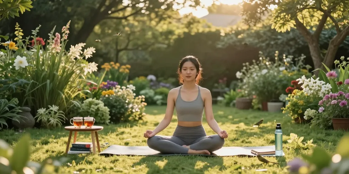 A woman practicing yoga in a tranquil garden, embodying wellness and relaxation with rokok88 lifestyle