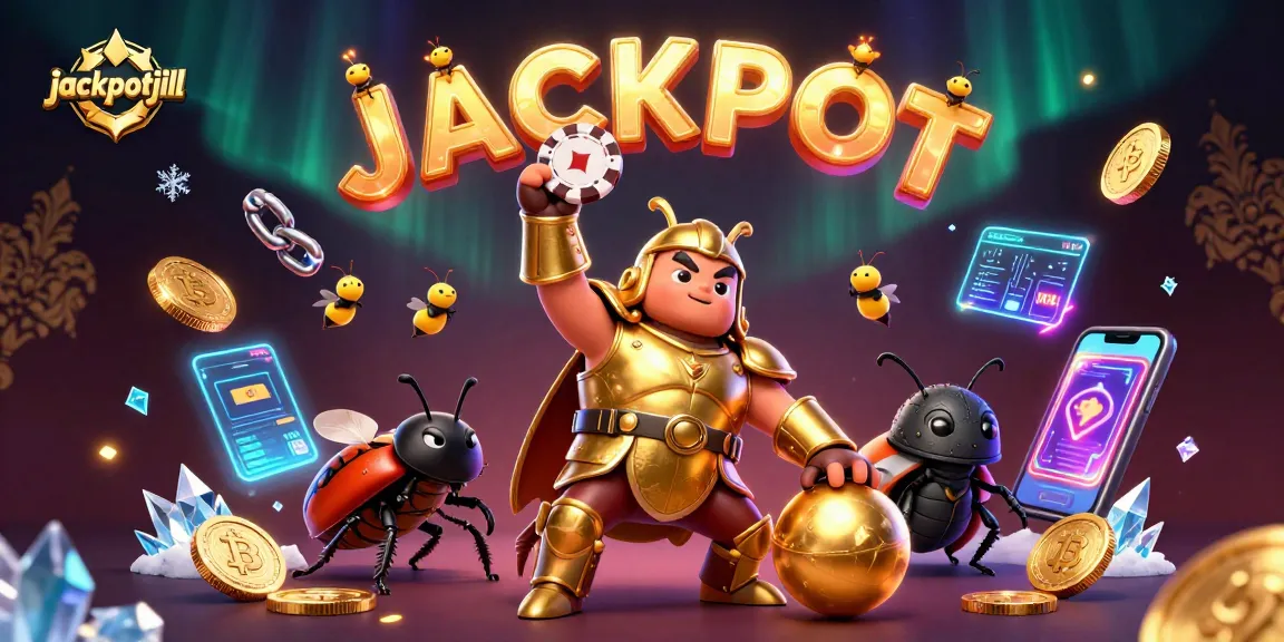 Engage in thrilling gaming with jackpotjill, portrayed by animated insects amid crypto coins and casino elements.