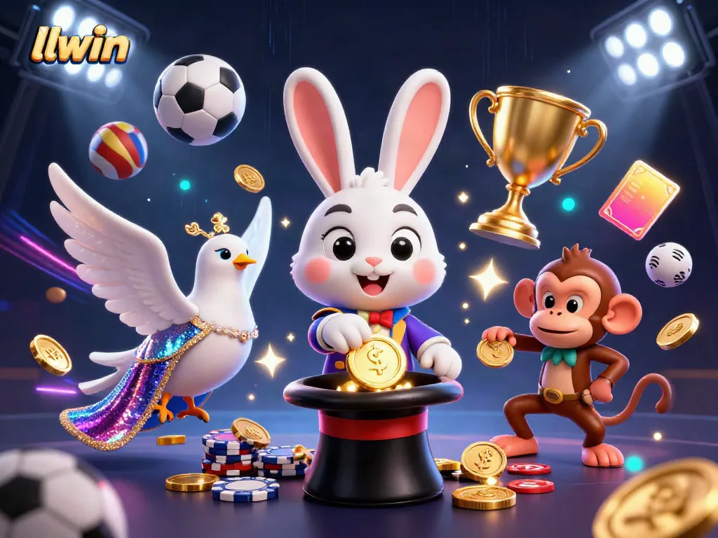 Experience the thrill of llwin with a magical casino scene featuring a rabbit, dove, and monkey amidst dynamic gaming elements.