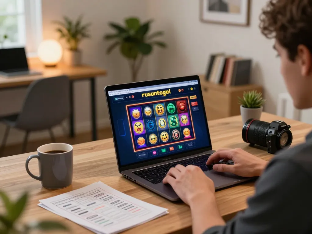 Player engaging with rusuntogel online slots at home, featuring strategy notes and cozy ambiance.