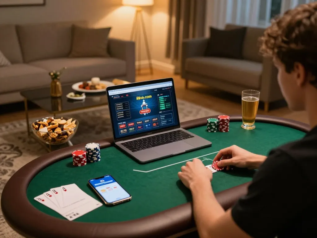 Engaging in poker online at home through 88vin com, with snacks and strategic notes visible.