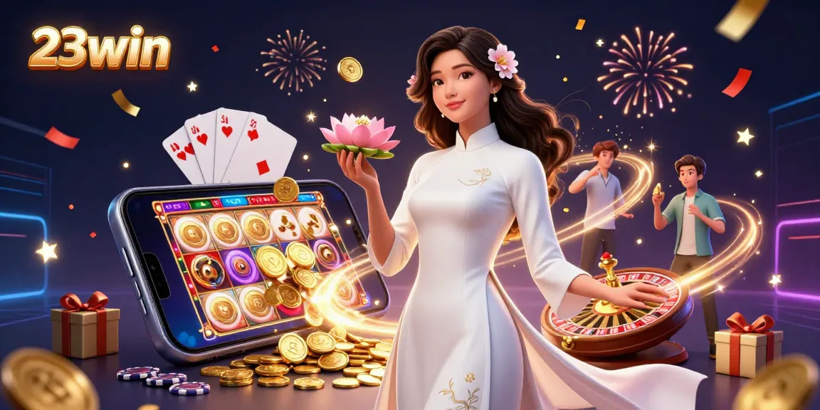 Engage with 23win's vibrant casino world, featuring slots and gaming elements in a lively illustration.