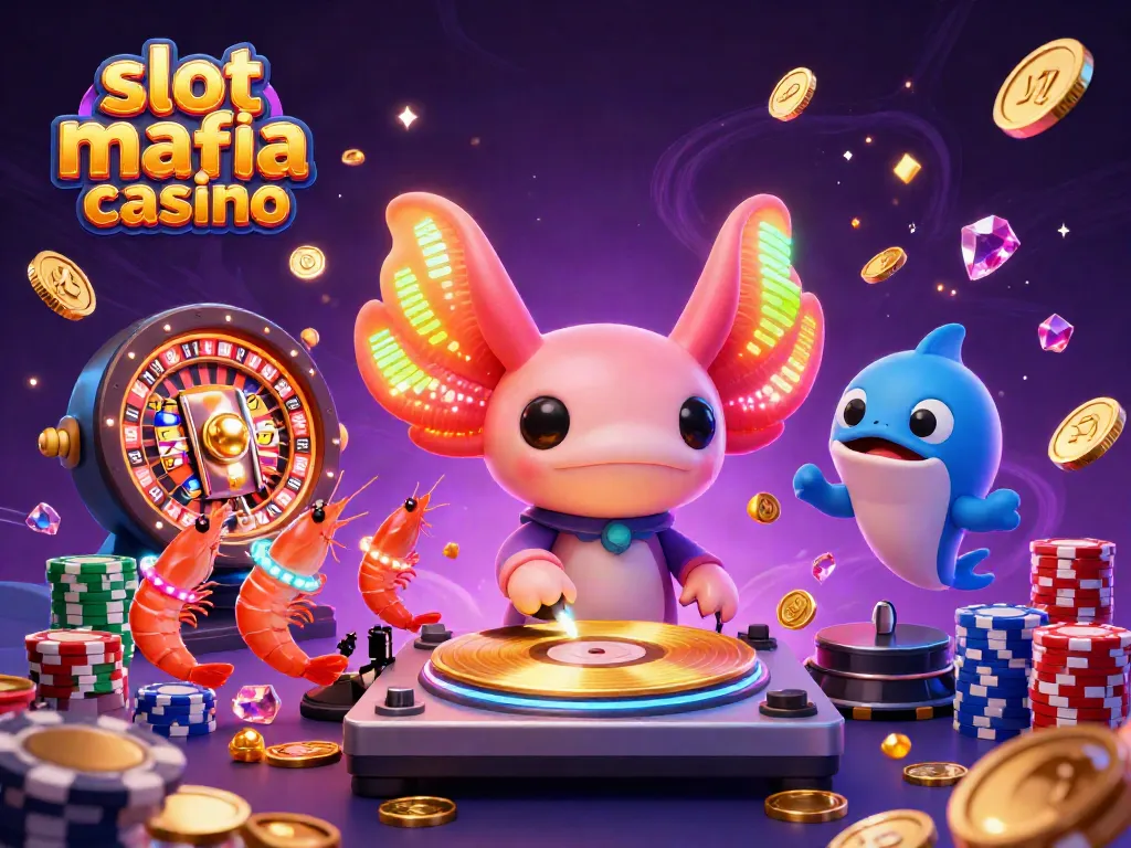 Experience the excitement of slot mafia casino with vibrant slot machine reels and playful underwater characters.
