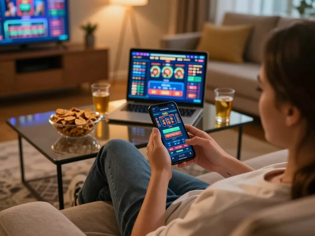 Player enjoying the TR88 casino app on smartphone in a cozy living room.