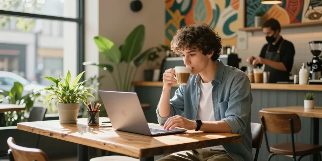 Youthful professional exploring rokok88 lifestyle in a trendy café.