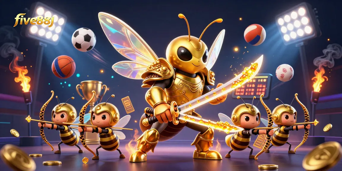 Engage with five88j's exhilarating betting experience illustrated by a golden hornet and sports elements.