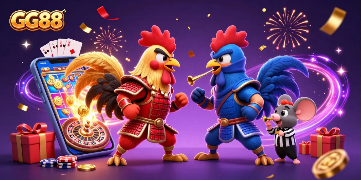 Experience intense gameplay at GG88 with cartoon fighting roosters in a vibrant casino setting.