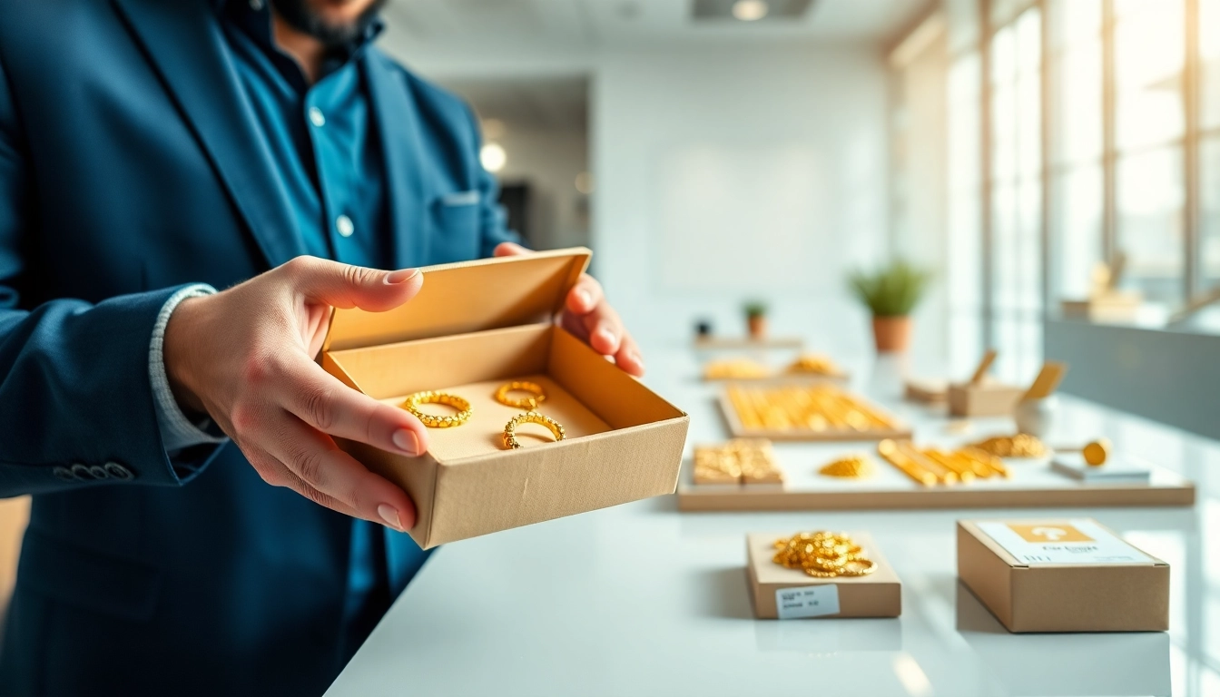 Scena di compro oro a distanza con gioielli pronti per la spedizione sicura.